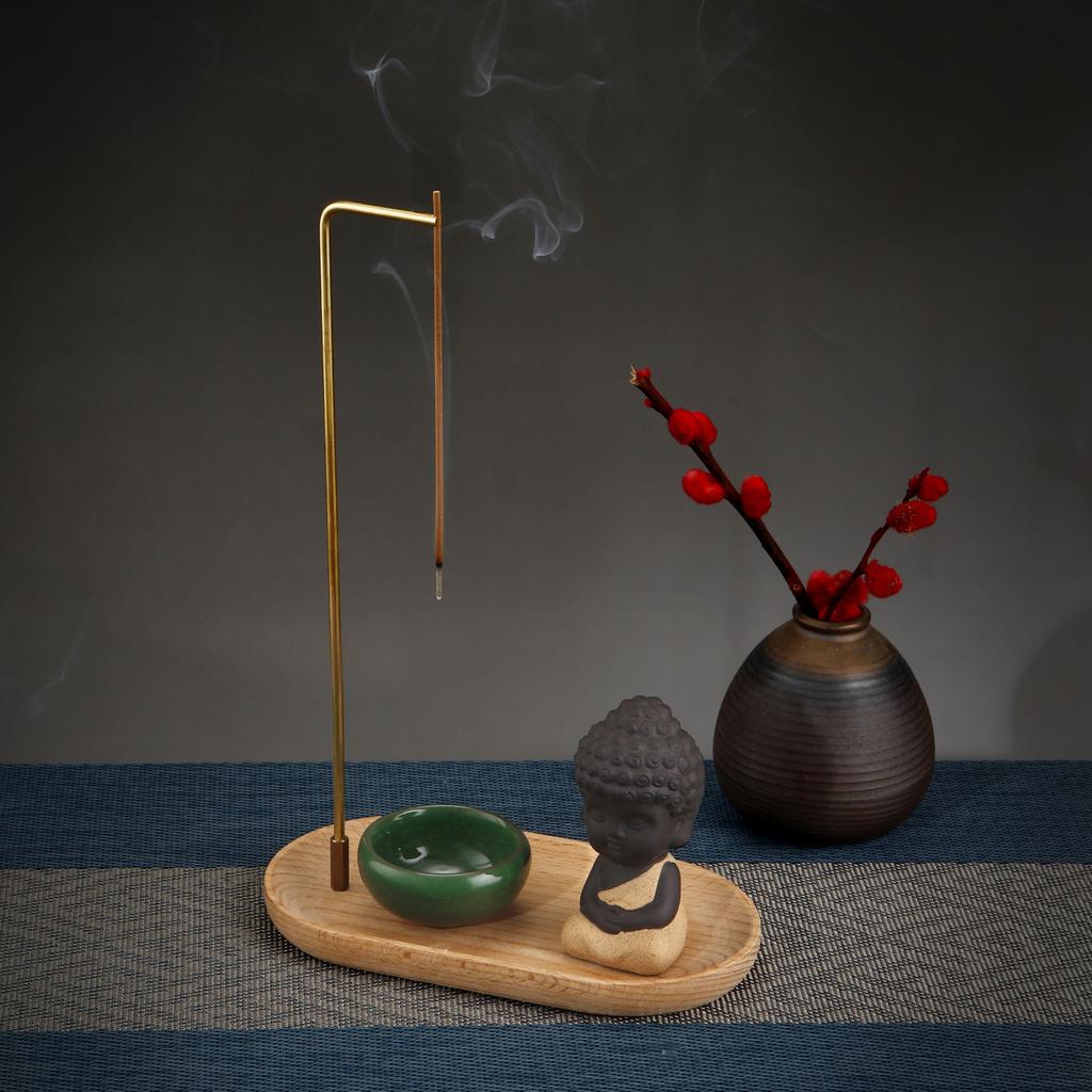 Creative Ceramic Little Monk Incense Burner Set Brass Smoke Backflow Incense Holder with Wooden Incense Tray Ceramic Ash Catcher