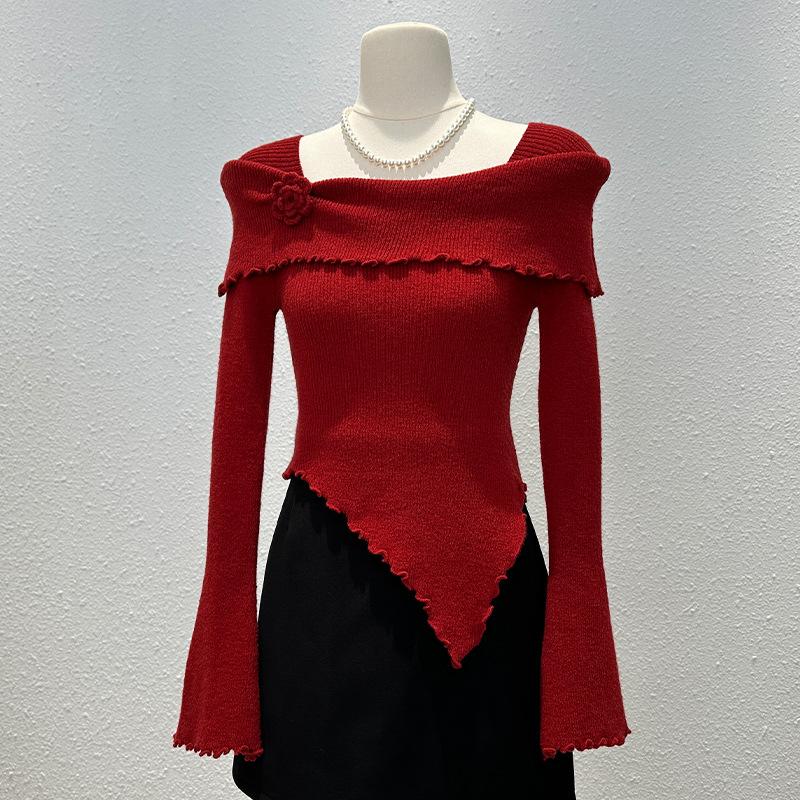 

Дизайнерский вязаный свитер с длинными рукавами женский осенний сексуальный темперамент с открытыми плечами базовая рубашка неправильный топ one size fits all красный