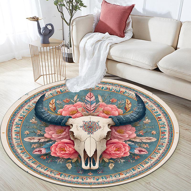 Bohemian Buffalo Skull Round Area Rug,Carpet Rug for Living Room Bedroom Sofa Playroom Decor,Non-slip Floor Mat