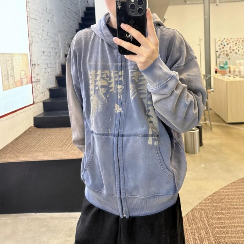 Mens Oversized Gradient Purple Washed Distressed Hooded Zip-Up Sweatshirt Streetwear Winter Casual Top