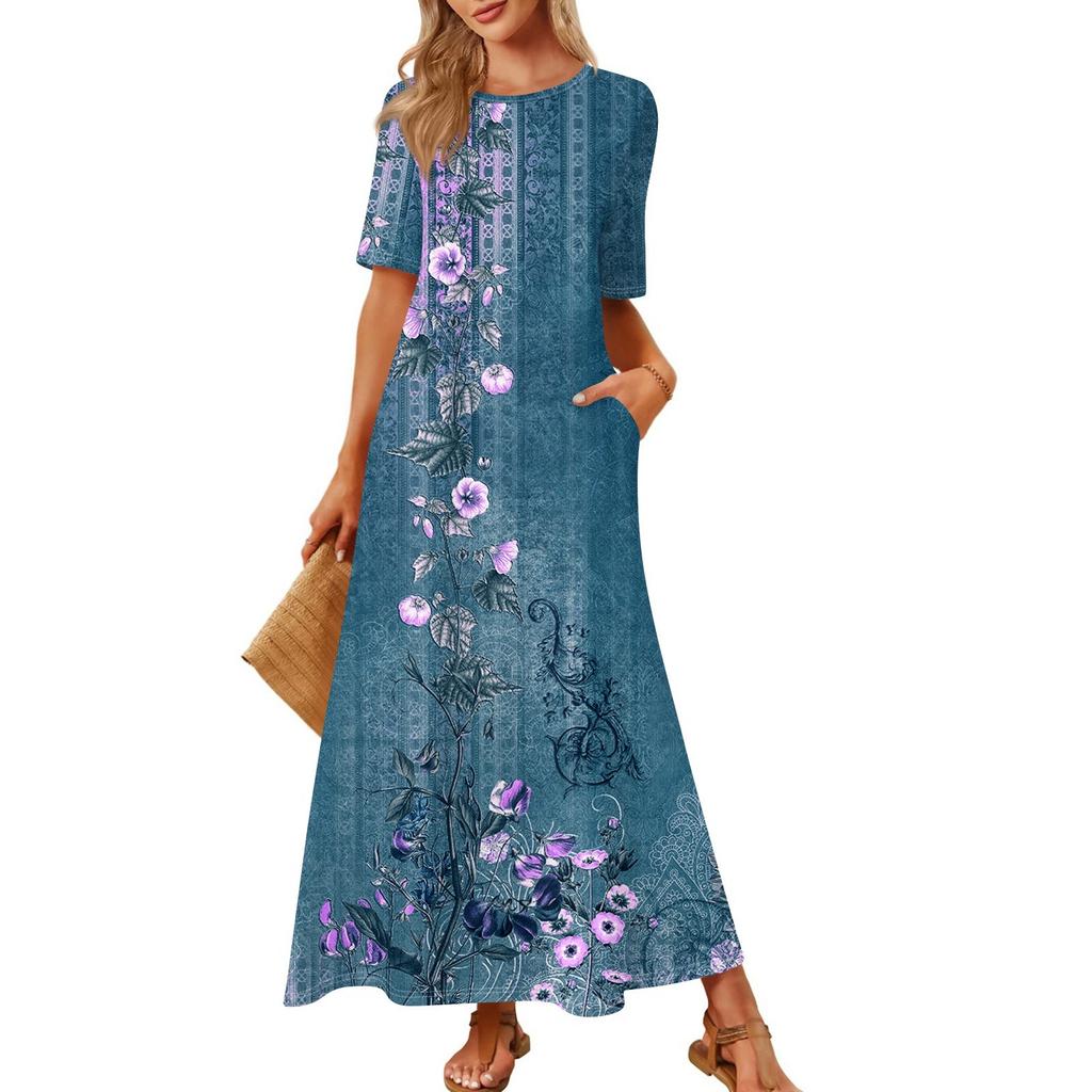 Women's Fashionable And Casual Long Beach Skirt Round Neck Short Sleeved Loose Retro Print Dress