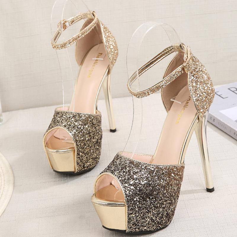 Fashion Women's Luxury Shoes Stage Perform Club Summer Women Pumps Sequin Cloth Shiny Models Catwalk Shoes 14CM Platform High Sandals