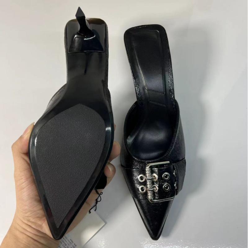 Mode Spitzschuh Damen Pantoletten Schuhe Gürtelschnalle Schwarz Lackleder Stiletto Hohe Absätze Modedesigner Sommer Sandalen für Damen