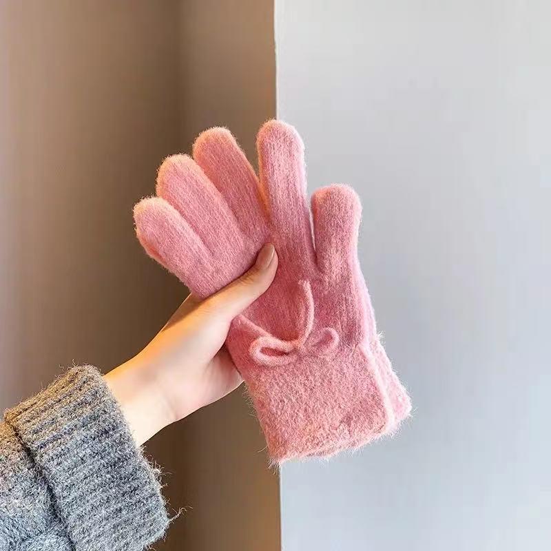 Cross-border Korean Style Cute Bow Wool Winter Gloves - Warm, Windproof, Full Five-Finger Design