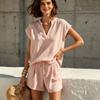 Damen Lockerer Zweiteiler Outfit Set Kappenärmel V-Ausschnitt Oberteil Elastische Taille Shorts