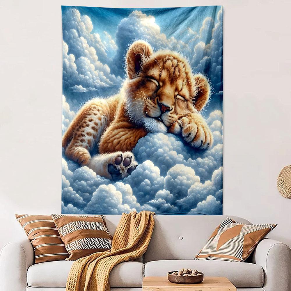 Sleeping Lion Cub Dreamy Wall Tapestry Cute Baby Lion Resting on Soft Clouds Blue Sky Decor for Nursery Kids Room Girls Gift