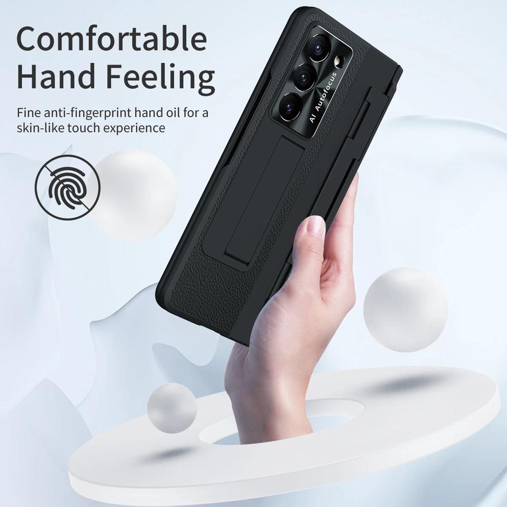 Suport din piele placat Husă de protecție cu balama plată pentru Samsung Galaxy Z Fold 5 4 3 cu folie de sticlă frontală Fold5 Husă de protecție