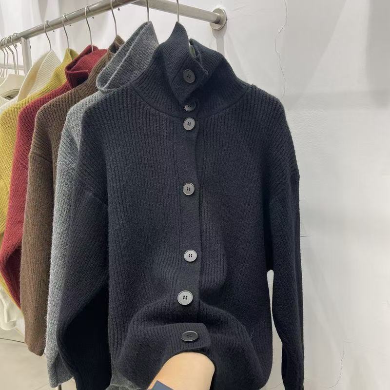 

French Vintage Design Style Turtleneck Tops Autumn Casual Loose Single-breasted Clothes Solid Long Sleeve Knitted Sweater Winter S чёрный