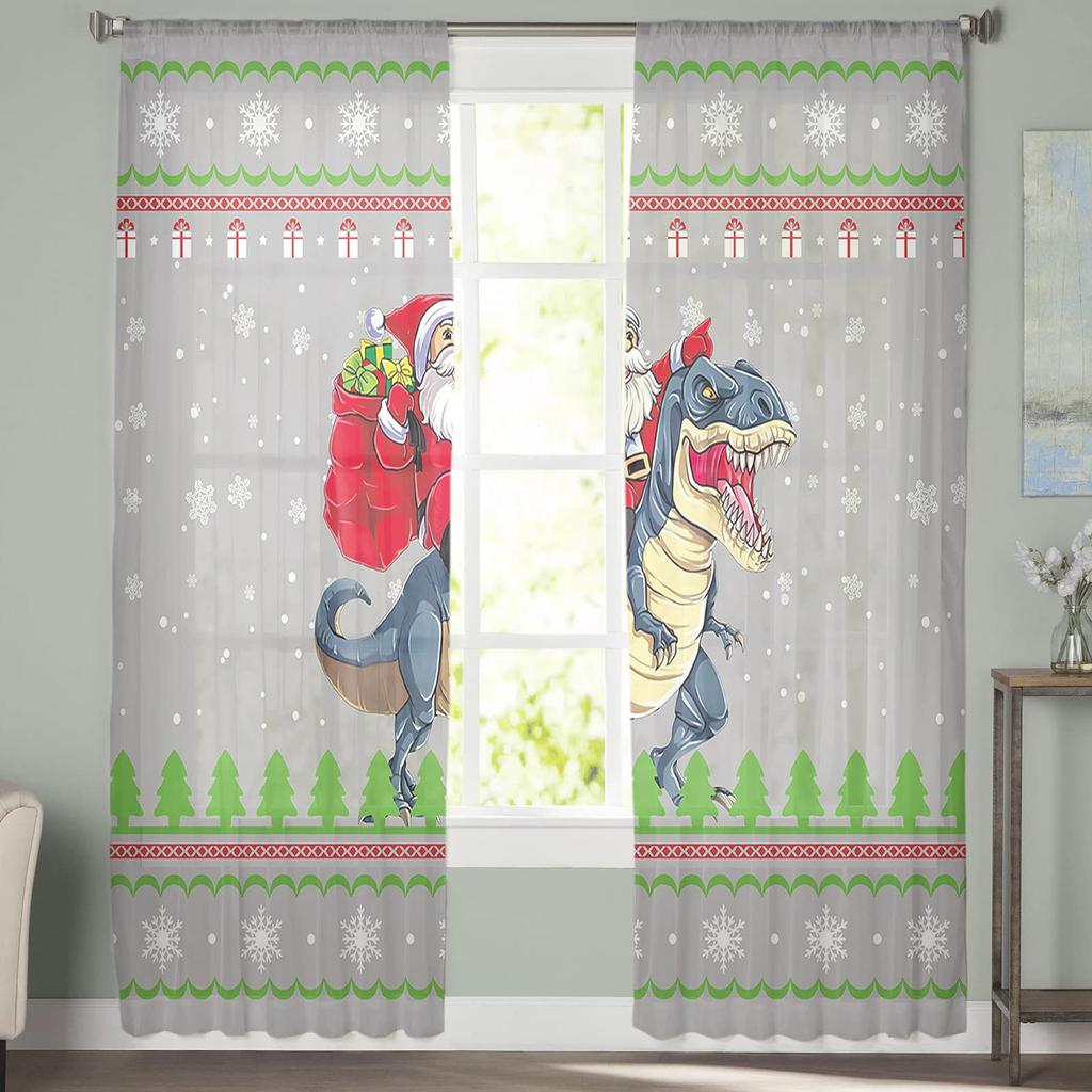 Merry Christmas Dinosaur Santa Claus Snowflake Sheer Voile Curtain Window Treatment For Living Room Party Backdrop Tulle Curtain