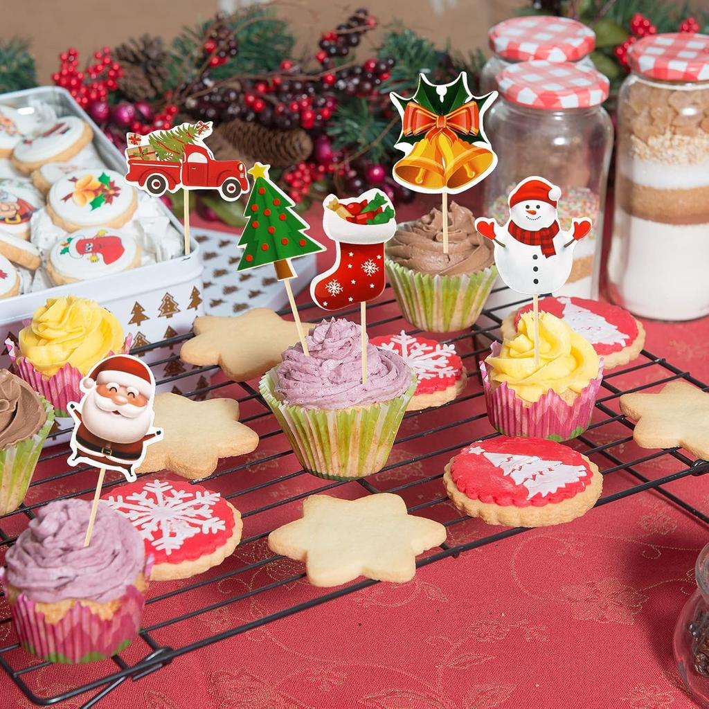 Weihnachts-Cupcake-Topper und Fruchtspieße Weihnachtsmann Schneemann Weihnachtsbaum Einweg-Lebensmittelspieße für Party-Kuchendekoration