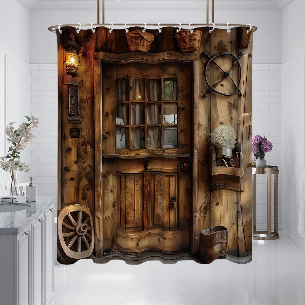 1PC Rural farmhouse shower curtain with retro wooden wheels, rustic style, waterproof, with 12 hooks, bathroom shower, home use