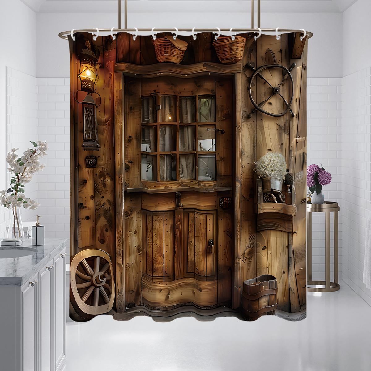 

1PC Rural farmhouse shower curtain with retro wooden wheels, rustic style, waterproof, with 12 hooks, bathroom shower, home use 180x180cm
