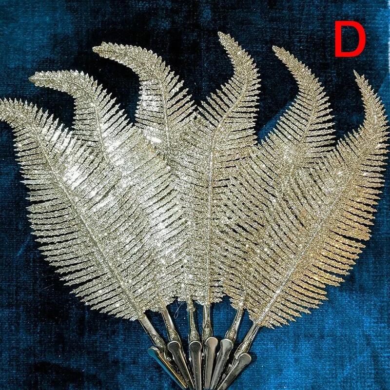 6Pcs Gold Silver Glitter Feathers Christmas Tree Ornament Simulation Leaf Plant Decor Home Wedding