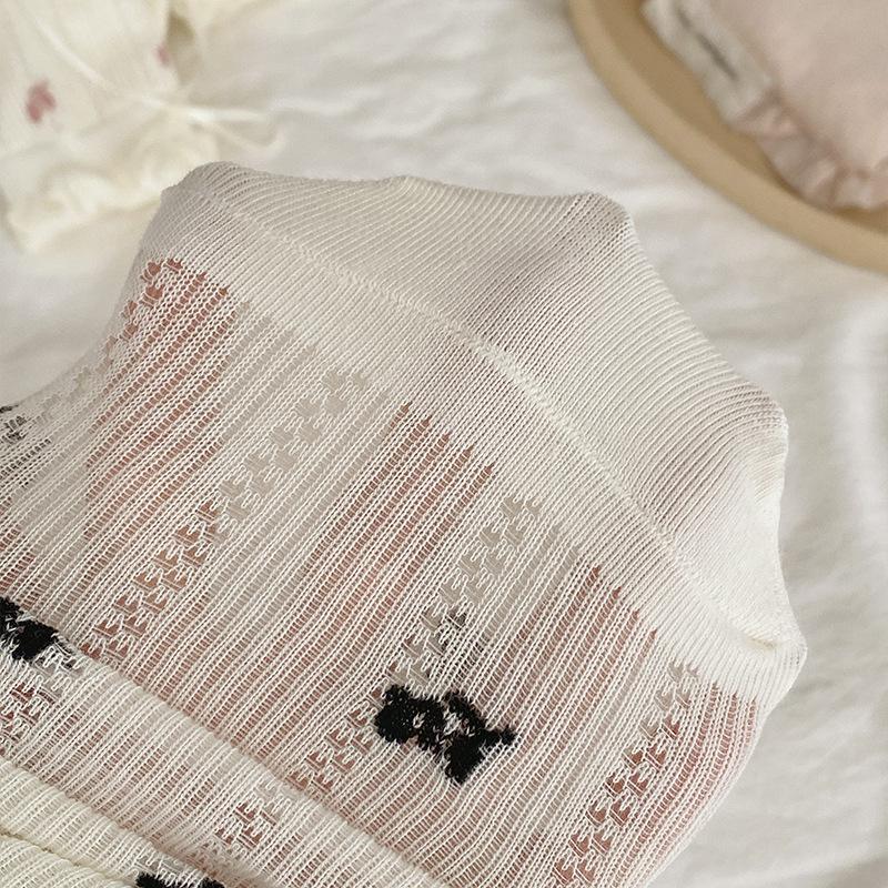 Chaussettes d'été fines pour femmes, vintage, avec nœud en ruban, petites fleurs, douces, en dentelle, en maille, tube, chaussettes montantes