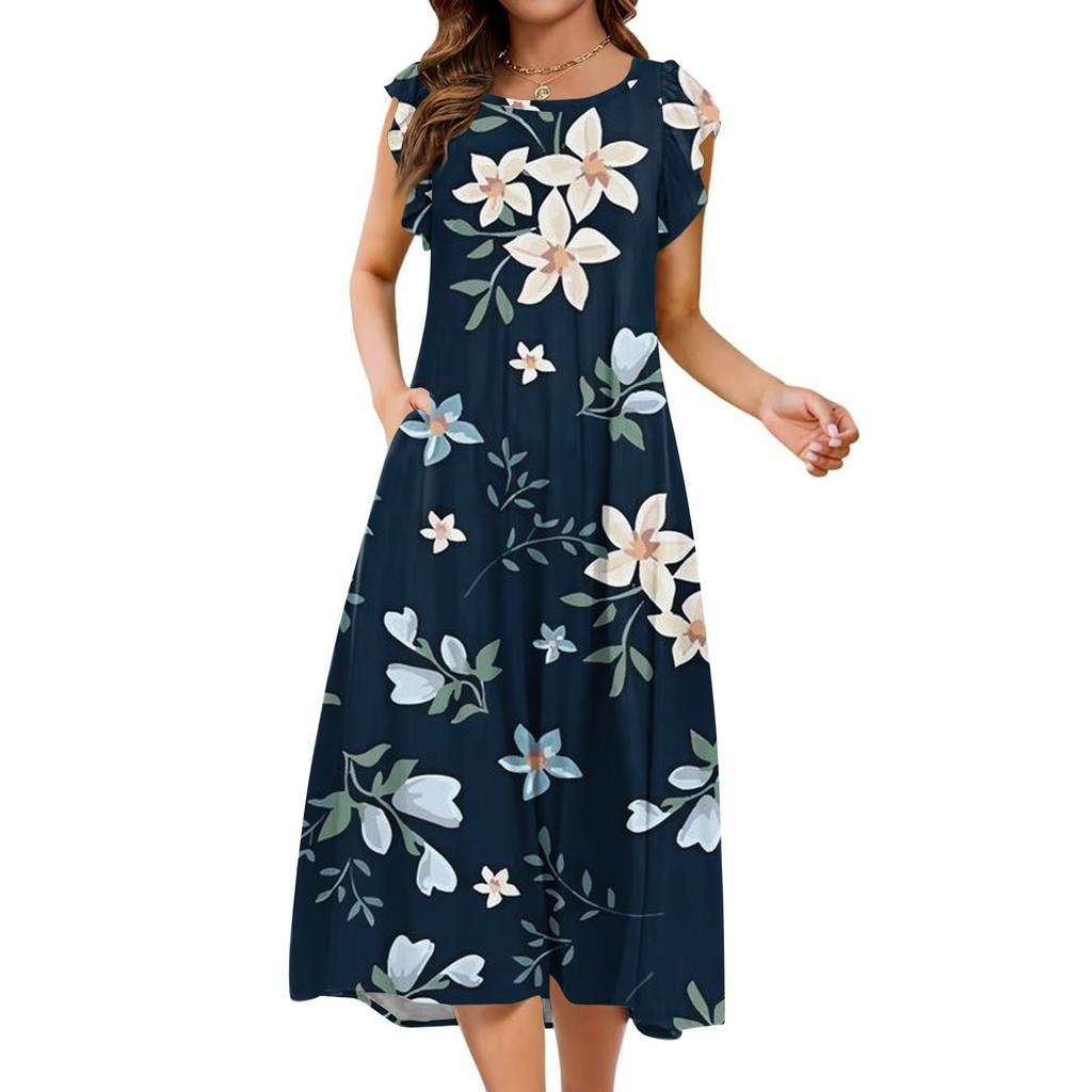 Women's One-piece Short Sleeve Flared Sleeve Loose Casual Round-neck Dress