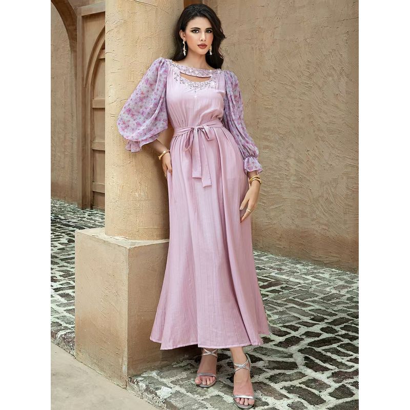 

New Middle East Dubai Diamond Patchwork Chiffon Lantern Sleeve Dress Diamond Studded Dress Peach Pink XL