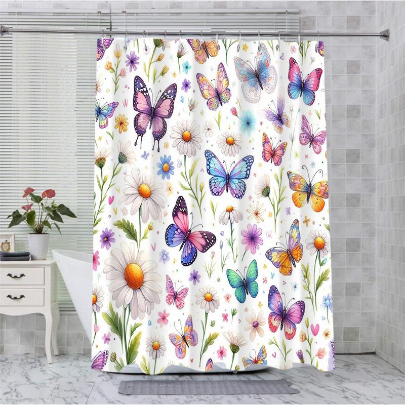 Butterfly Pattern Bathing Curtain  Bathroom Shower Curtain Waterproof With 12 Hooks Home Deco Free Ship