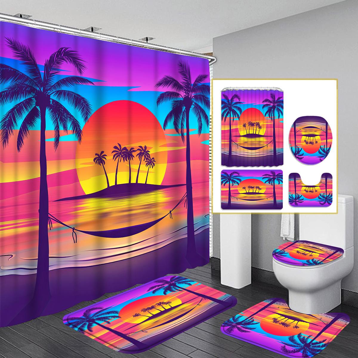 

Coconut Tree Decorative Shower Curtain Bathroom Set - Machine Washable, with 12 Hooks, including Toilet Seat Cover and Bathtub 90x180cm