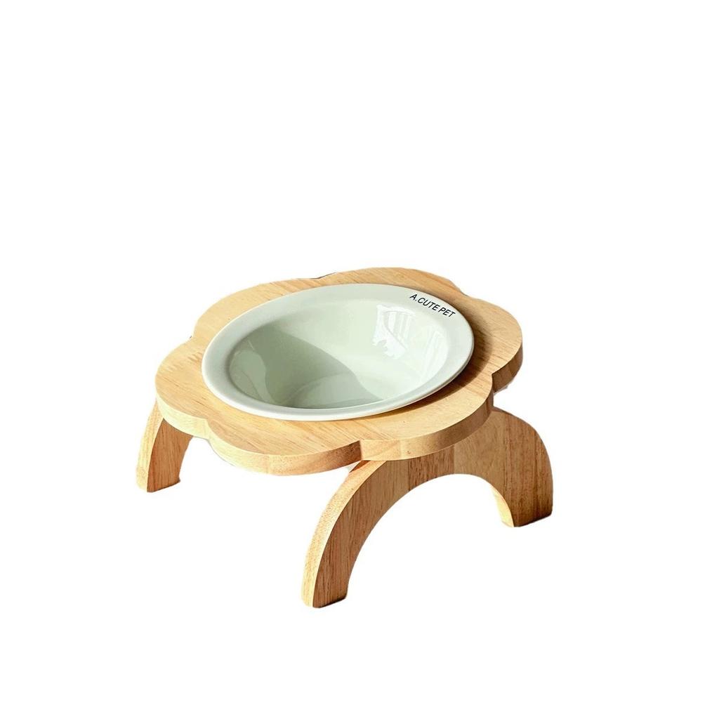 Elevated Cat Bowl with Wooden Stand, Flower Shaped Ceramic Neck Protection Pet Bowl, Raised Cat Food Bowl for Cats Dogs