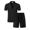 Conjunto Deportivo Casual para Hombre: Conjunto de Dos Piezas de Camiseta de Punto de Color Sólido con Cuello en V Profundo y Pantalones Cortos de Verano
