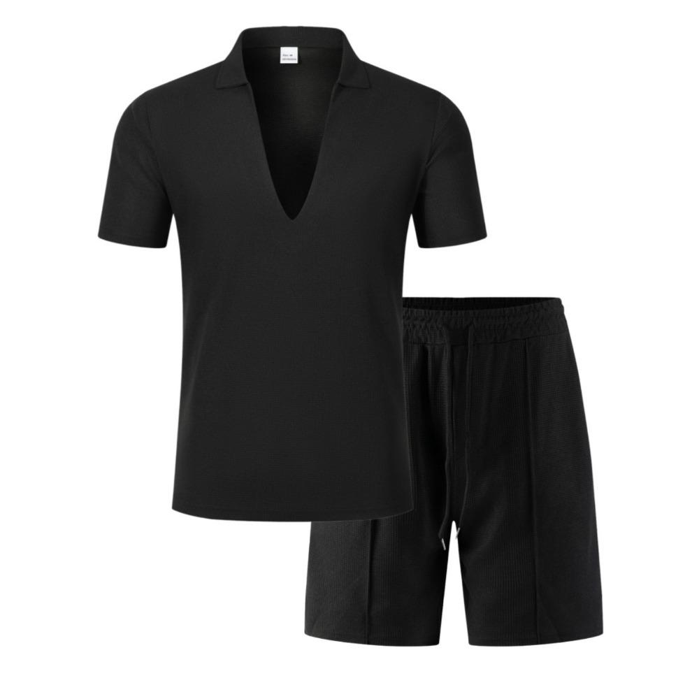 Conjunto Deportivo Casual para Hombre: Conjunto de Dos Piezas de Camiseta de Punto de Color Sólido con Cuello en V Profundo y Pantalones Cortos de Verano