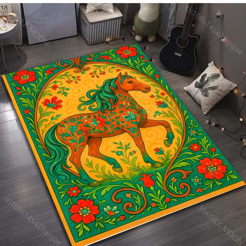 Multiple Sizes Vintage Painting Horse Print Carpet for Bedroom Living Room Bedside Sofa Floor Mat Modern Home Decor Area Rug