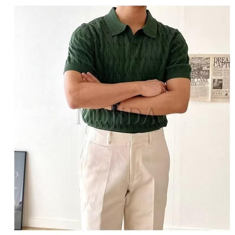Summer Short-sleeved T-shirt V-neck Knitted Men's Polo Shirt Stretch Slim Lapel Knitted Short-sleeved