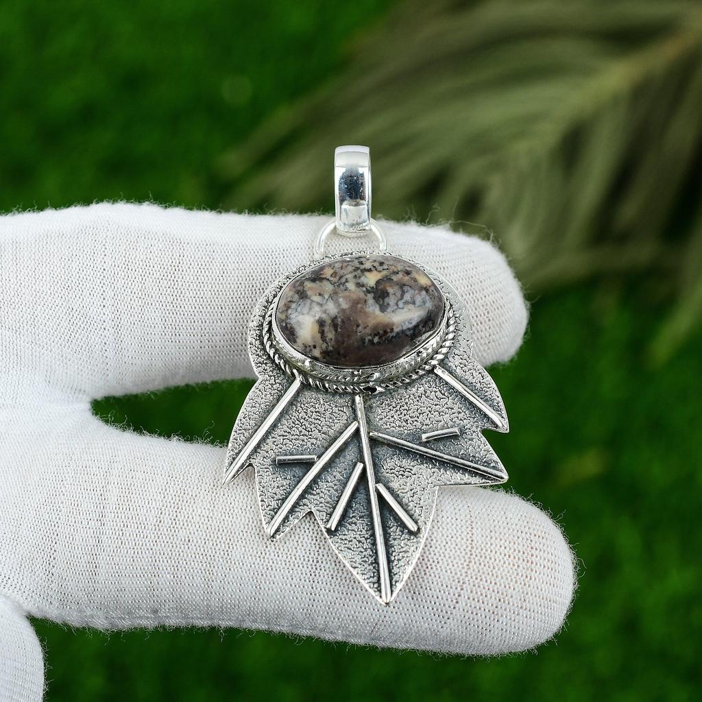 Natural Honey Dendrite Opal Gemstone Pendant Brown 925 Sterling Silver Jewelry