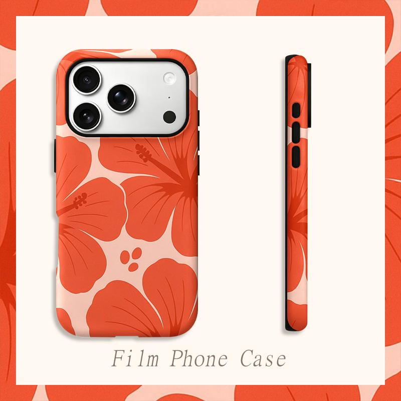 Retro Vintage Boho Red Hibiscus Floral Print Pattern Film Art Aesthetic Protective Shockproof Bumper Phone Case Cover For iPhone 14 15 16 Pro Max Plus