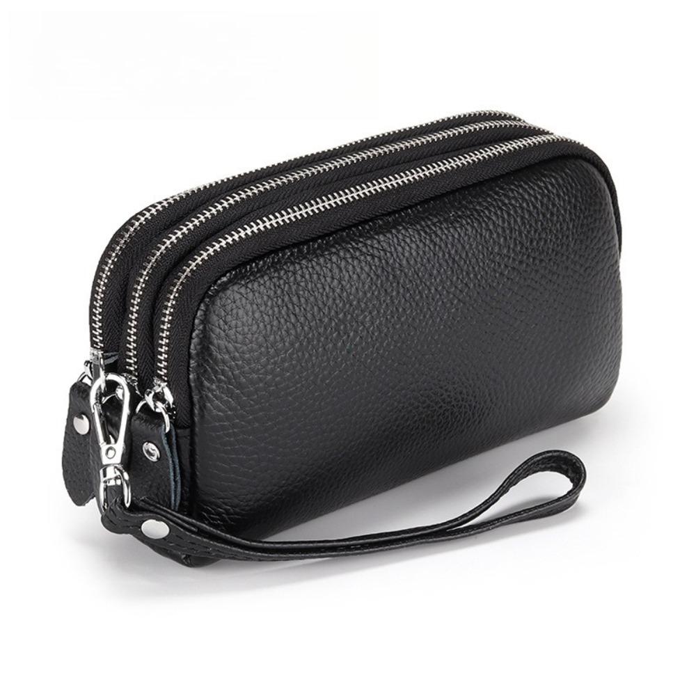 Women Long Wallet Genuine Leather 3-Layer Zipper Purse Bag Large Capacity Wristlet Clutch Wallets Phone Bag Money Purses