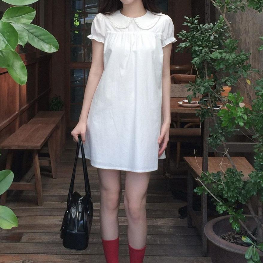 First love small white dress spring 2026 summer sweet age-reducing doll collar short-sleeved dress small loose skirt