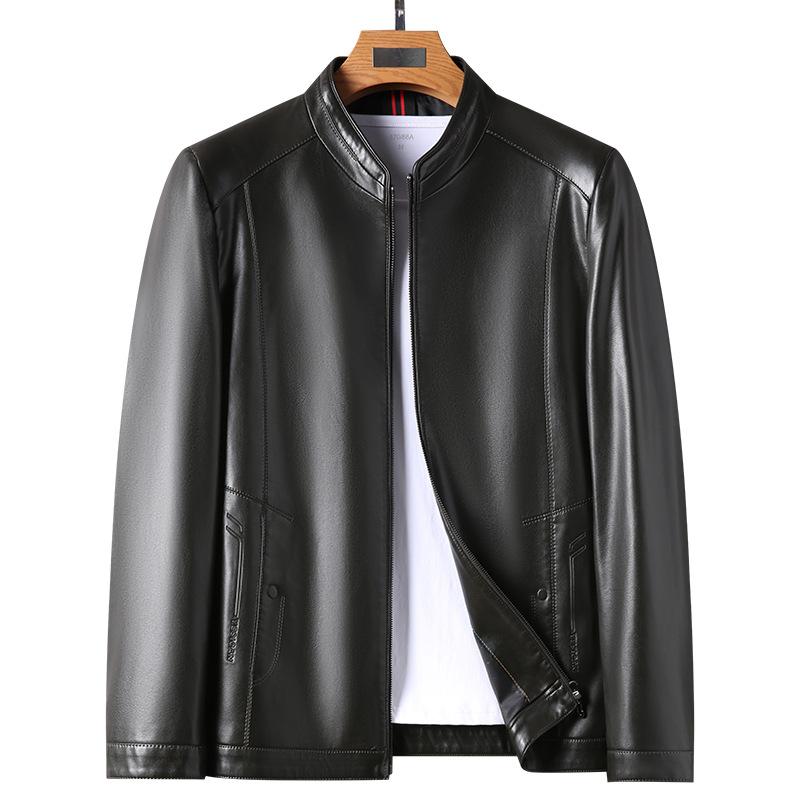 Kurtka skórzana męska jesień i zima Nowa odzież męska Kołnierz stójka Miękka skórzana kurtka Męska luźna swobodna skórzana kurtka w średnim wieku