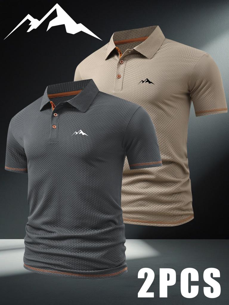 2 szt. Męskie Koszulki Polo Outdoor do Golfa z Małym Wzorem Górskim - Krótki Rękaw i Blok Kolorystyczny, Męska Koszulka Business Casual na Wiosnę i Lato