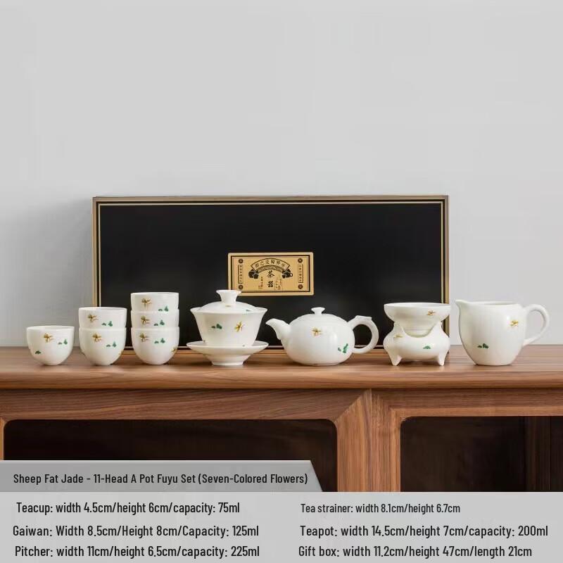 Muyi Sheep Fat Jade Ceramic Colorful Flower Kung Fu Tea Set