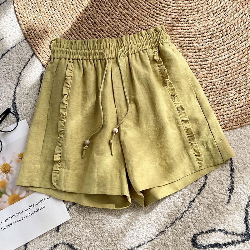 Women s Yellow Ruffled Wide-Leg Summer Shorts with Elastic Drawstring Waist Medium