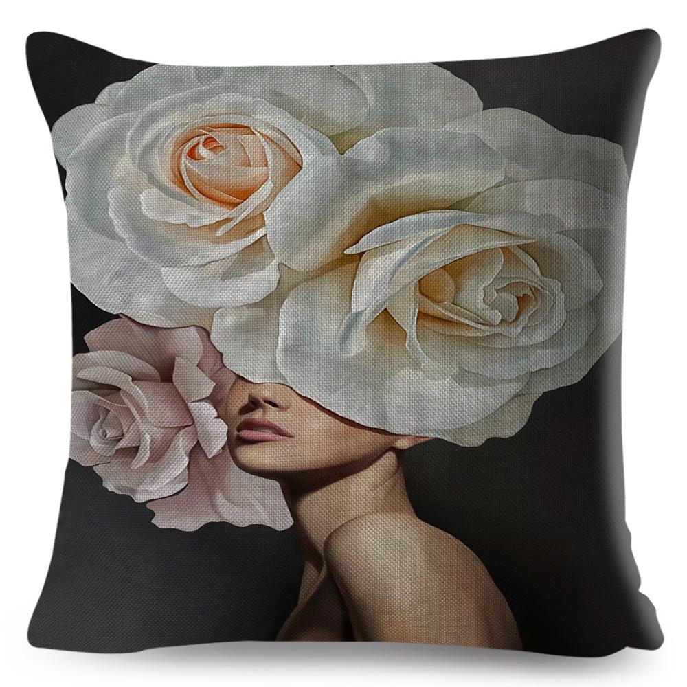 Sexy Flower Feather Women Cushion Cover Decor Harajuku Aesthetics Lady Double Print Pillowcase for Sofa Home Linen Pillow Case