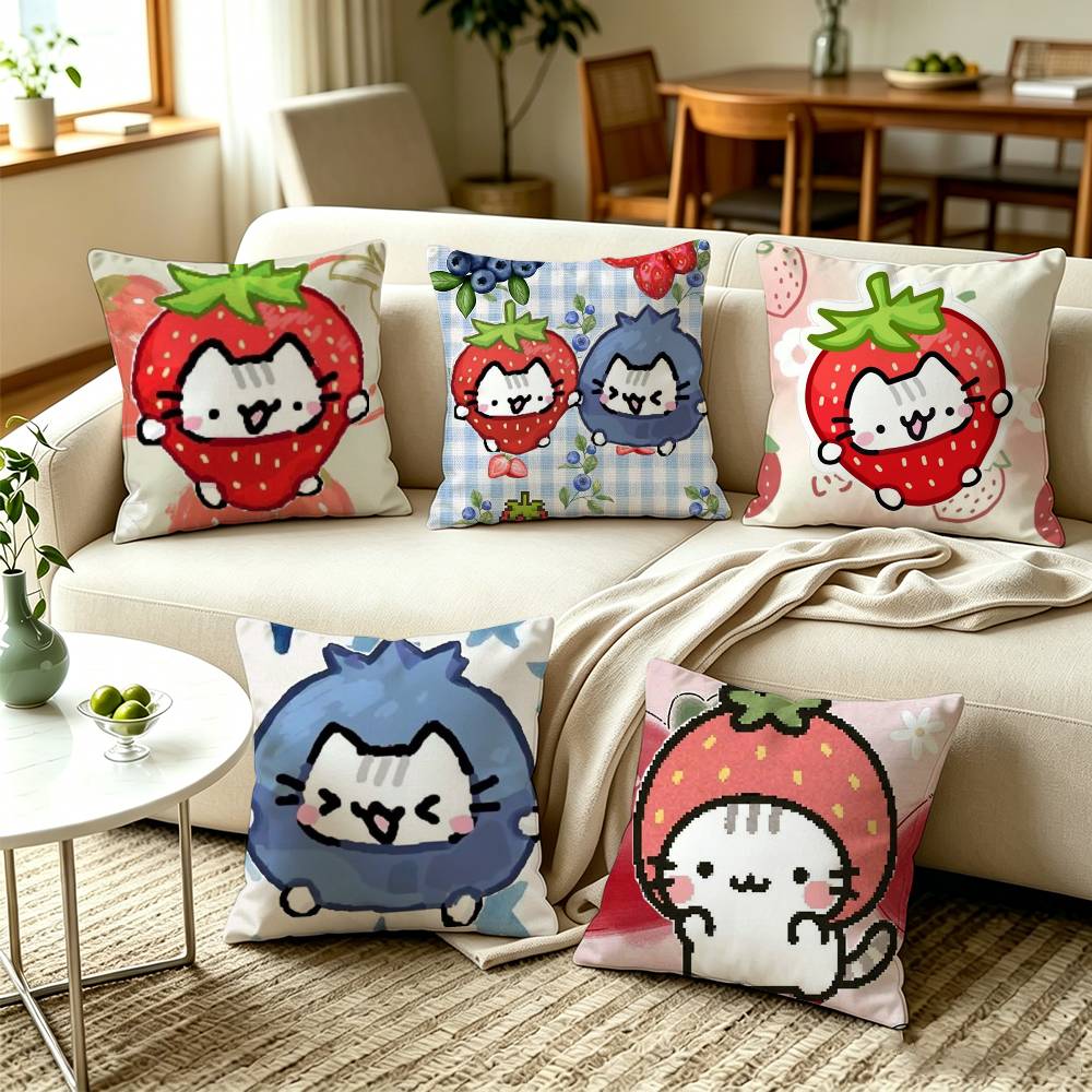 C-Cute Strawberry Cat Square Double-Sided printed Pillow Case Bedroom Bedside Pillow Sofa Cushion Cover