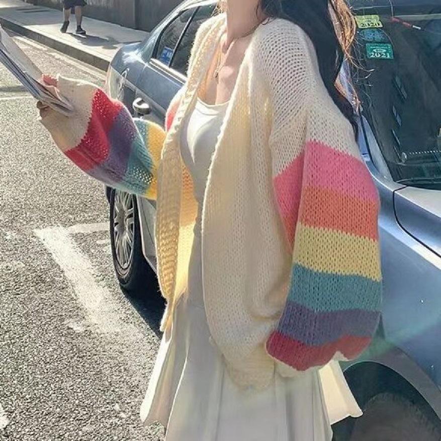 Regenbogen gestreifter Strick-Cardigan für Damen Teenager Gemütlich Weich Mohair Knopfleiste Pullover Jacke Winter Herbst Y2K Outfit