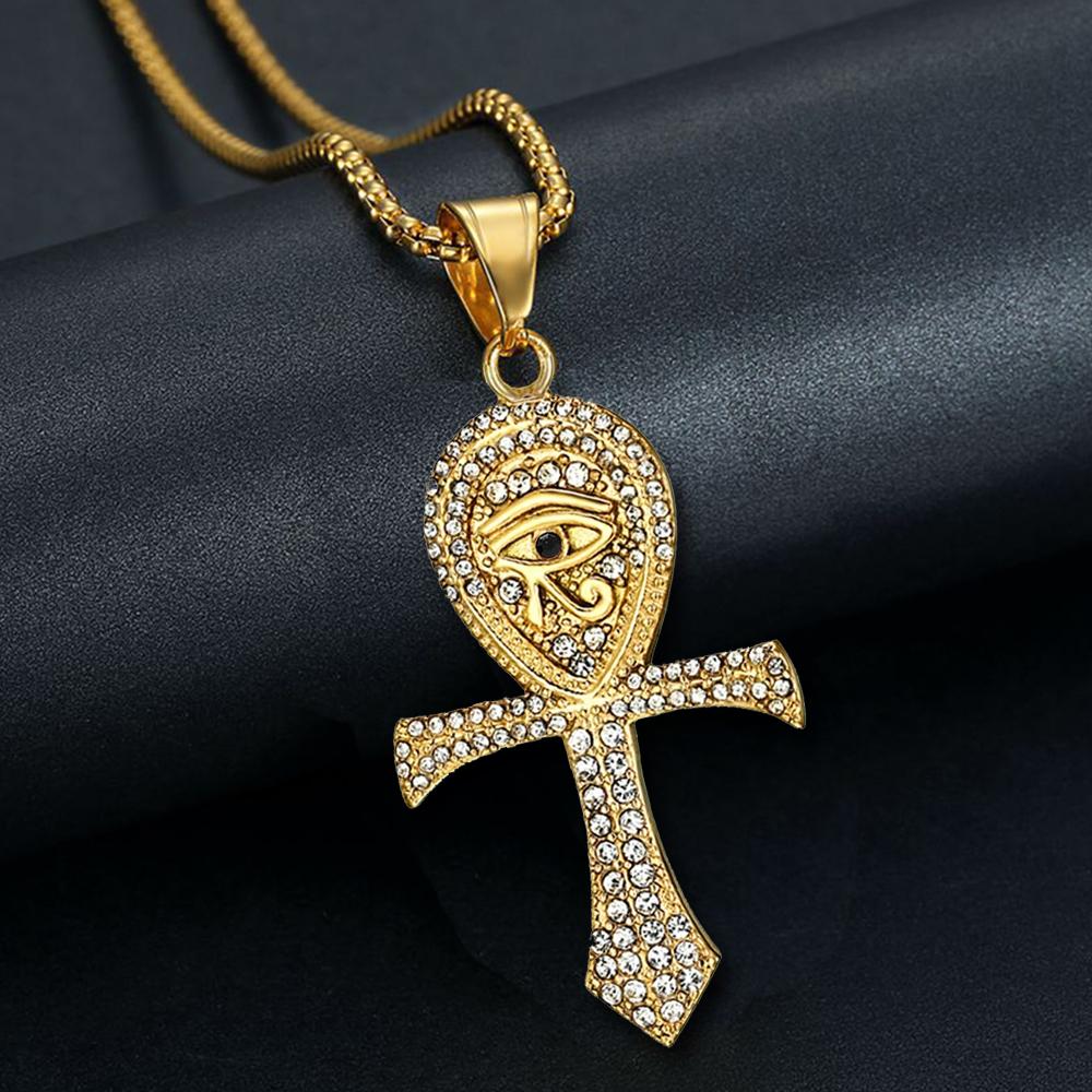 Egipski Krzyż Ankh Iced Out Złoty Kolor Stal Nierdzewna Oko Horusa Naszyjnik Dla Mężczyzn Kobiet Biżuteria Starożytnego Egiptu Prezent