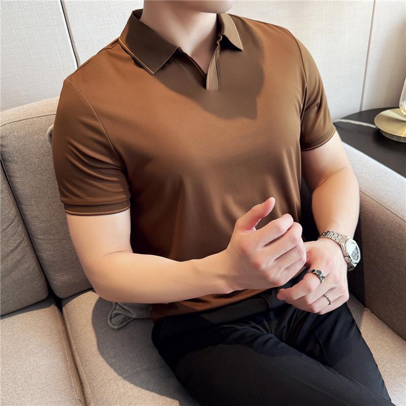 Men Polo Shirt Short Sleeved Summer Ice Silk Light Thin Soft Solid Casual Elastic Slim Fit T-shirt Daily Wear Streetwear Top