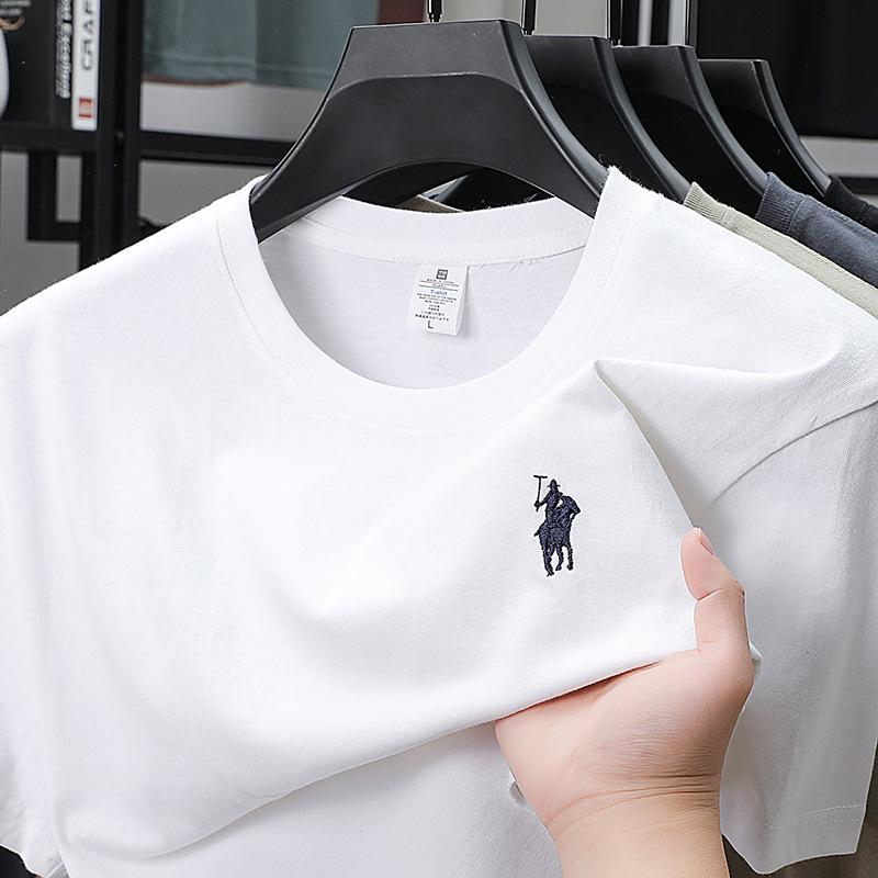 

Мужская футболка из хлопка премиум-класса с маленьким логотипом пони - Летняя, с круглым вырезом, с коротким рукавом, в стиле business casual. 4XL recommended for 175-190 белый