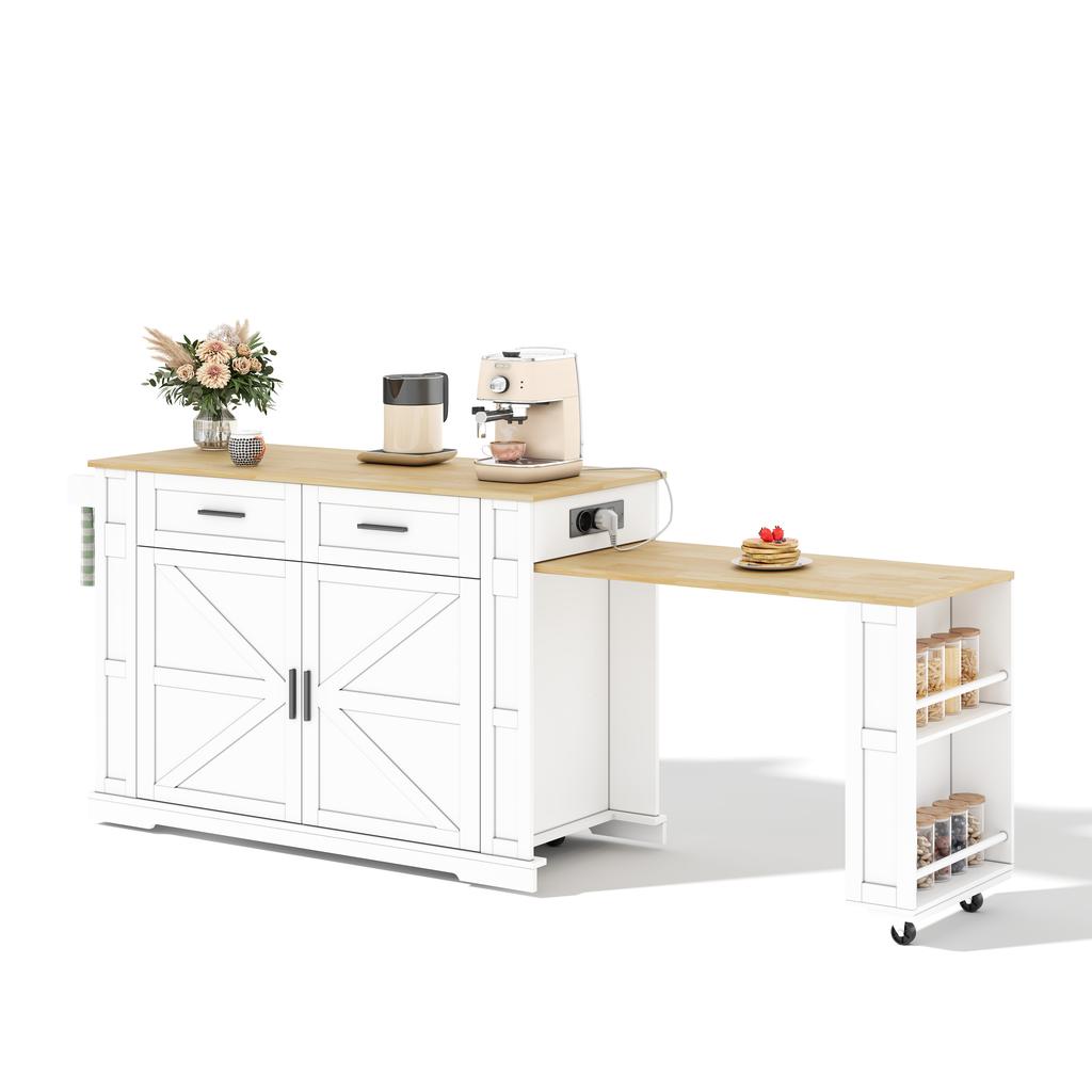 Kücheninsel mit ausziehbarer Arbeitsplatte, 120×50×93cm, Steckdosenleiste, 2 Schubladen, Doppeltürschrank, verstellbarer Einlegeboden, Handtuchhalter & 7 Rollen, Weiß/Eiche