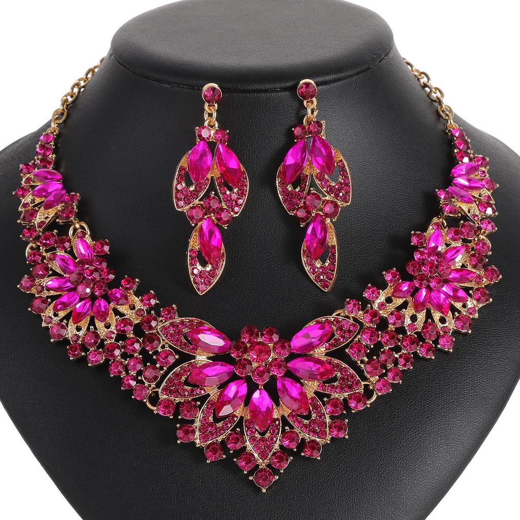 Dress Jewelry Necklace Earrings Two-Piece Set Colorful Flowers Bride Vintage Premium Design