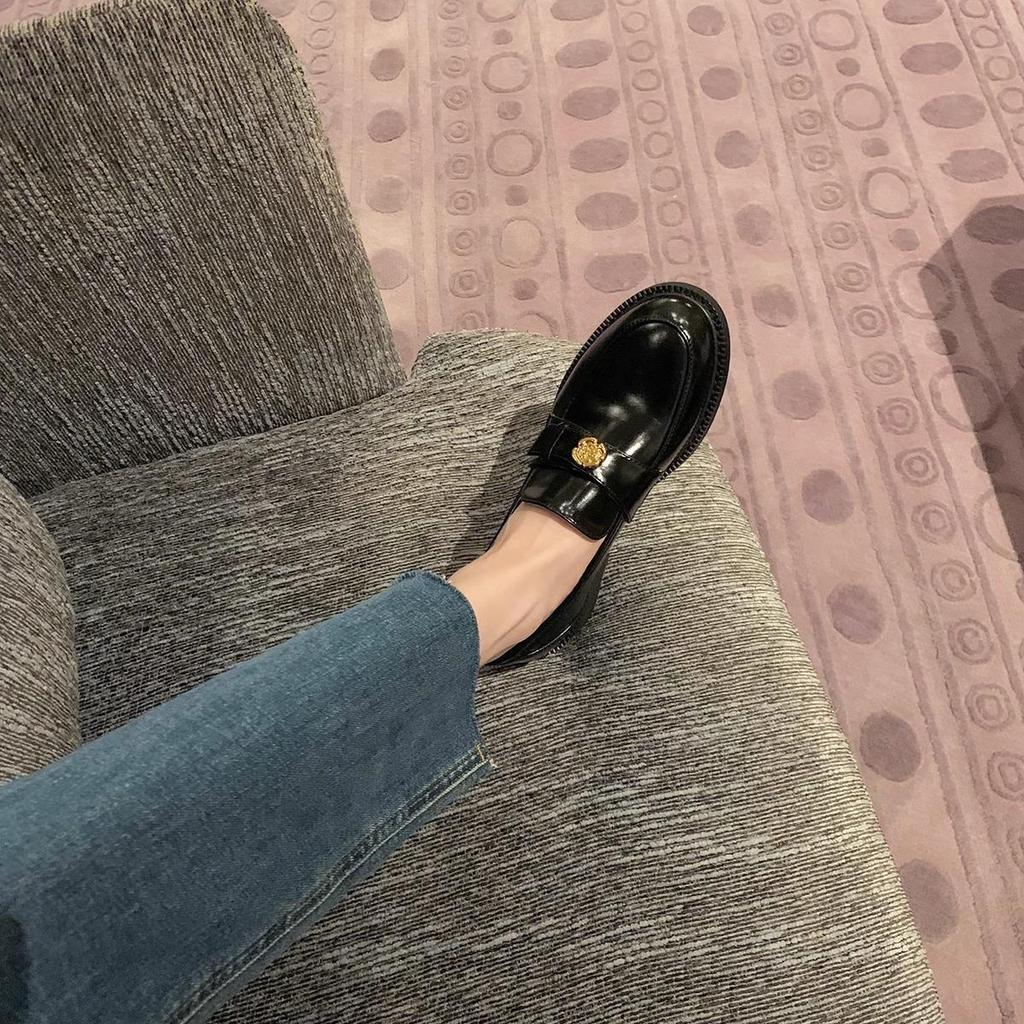 Women's Chunky Heel Gold Coin Loafers: Round Toe, Soft Sole, Slip-On Single Shoes for Autumn/Winter.
