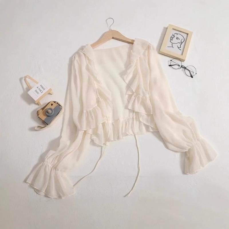 Summer new little fairy ruffle edge knitted cardigan strapped horn sleeves translucent sunscreen clothes long sleeves women