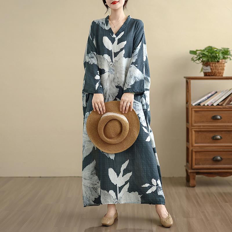 DIMANAF 2025 Women Plus Size Spring Long Dress Loose V-Neck Printing Vintage Casual Floral Oversize Long Sleeve 5060