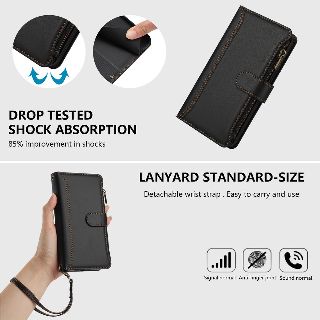For iPhone 17 Pro Leather Case 9 Card Slots Zipper Wallet Stand Phone Cover with Wrist Strap