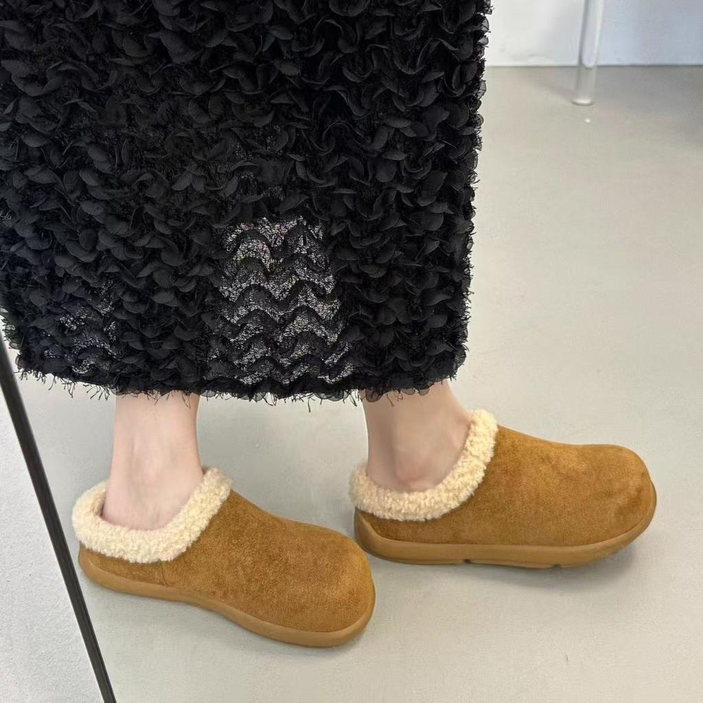 Wool Leather Small Potato Fluffy Shoes Winter Warm and Plush Boken Half Slippers Thickened Cotton Shoes