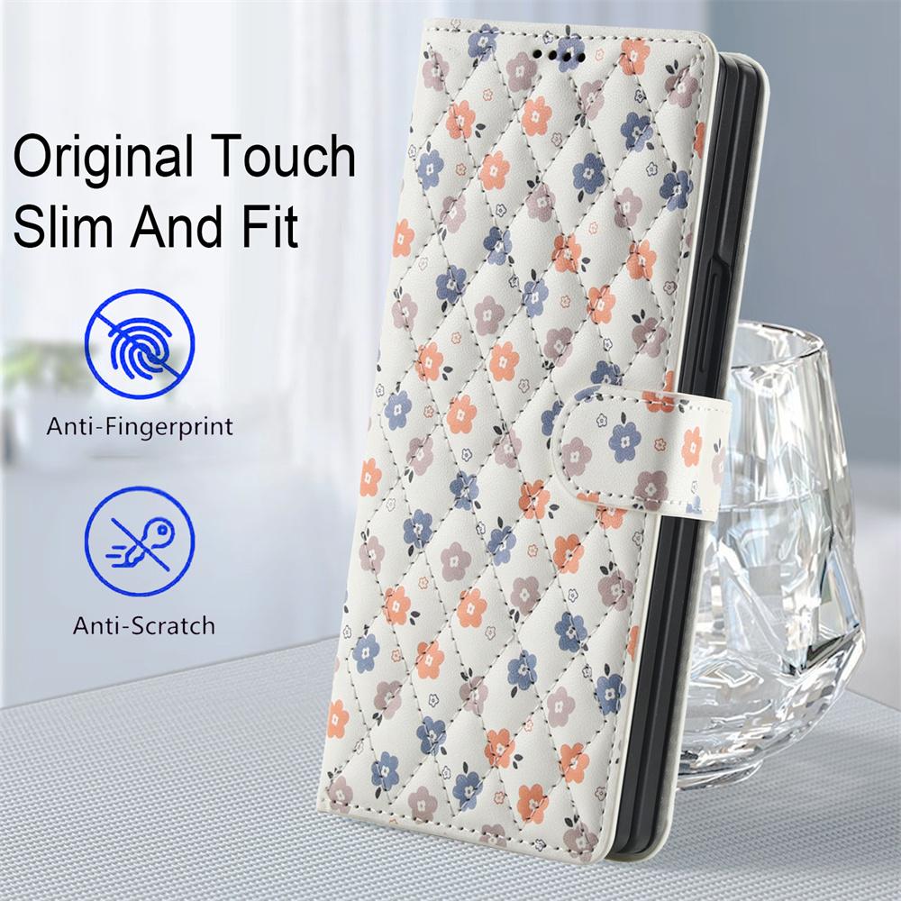 White Leather Colorful Flowers Wallet Flip Phone Case For Samsung Z Fold 7 6 5 4 5G Soft Wrist Strap Shockproof Cover