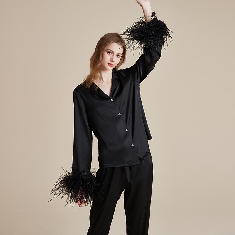 Women's Ice Silk Autumn Pajama Set with Detachable Feather Accents, Long Sleeve and Pants, French High-End Pure Desire Style